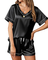 Women's Summer V-neck Short Sleeve Top and Shorts Soft Ice Silk Pajamas Home Set