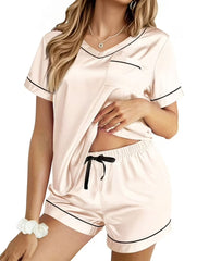 Women's Summer V-neck Short Sleeve Top and Shorts Soft Ice Silk Pajamas Home Set