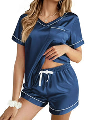 Women's Summer V-neck Short Sleeve Top and Shorts Soft Ice Silk Pajamas Home Set
