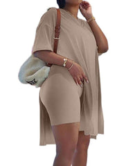 Women's V-Neck Short-Sleeved Loose Top and Tight Cycling Shorts Casual Sports Suit