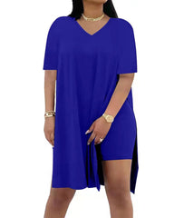 Women's V-Neck Short-Sleeved Loose Top and Tight Cycling Shorts Casual Sports Suit