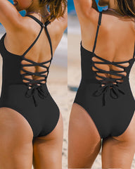 Sexy Deep V Low-Cut Slimming and Shaping Lace-Up Back Tummy-Control Adjustable Shoulder Straps One-Piece Swimsuit