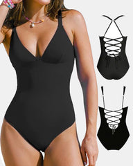 Sexy Deep V Low-Cut Slimming and Shaping Lace-Up Back Tummy-Control Adjustable Shoulder Straps One-Piece Swimsuit
