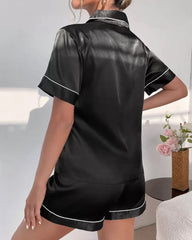 Satin Lapel Button Front Contrast Tie Pajama Set