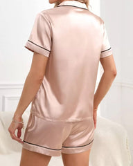 Satin Lapel Button Front Contrast Tie Pajama Set