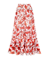 Retro Floral Colorblock Print V-Neck Lace-Up One-Piece Swimsuit and Skirt