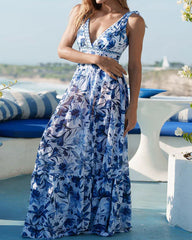 Retro Floral Colorblock Print V-Neck Lace-Up One-Piece Swimsuit and Skirt