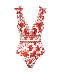 Retro Floral Colorblock Print V-Neck Lace-Up One-Piece Swimsuit and Skirt