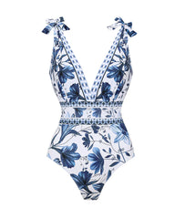 Retro Floral Colorblock Print V-Neck Lace-Up One-Piece Swimsuit and Skirt