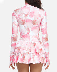 Beach Vacation Print UPF50+ Ruffled Skirt Long Sleeve One-Piece Swimsuit