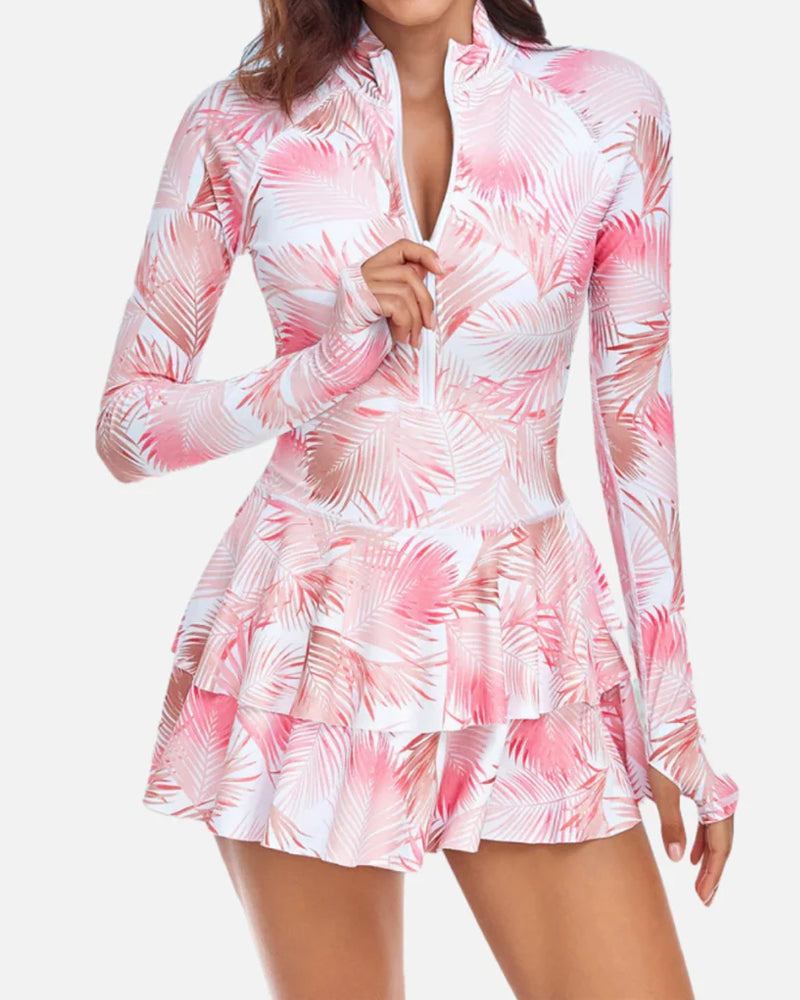 Beach Vacation Print UPF50+ Ruffled Skirt Long Sleeve One-Piece Swimsuit