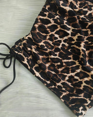 Vintage Leopard Print Adjustable Strap Swimsuit and Side Drawstring Swim Shorts Two-Piece Set