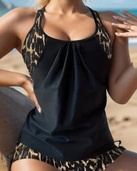 Vintage Leopard Print Adjustable Strap Swimsuit and Side Drawstring Swim Shorts Two-Piece Set