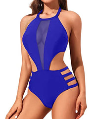 Women's Sexy Round Neck Open Back Mesh Stitching One-Piece Swimsuit