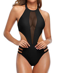 Women's Sexy Round Neck Open Back Mesh Stitching One-Piece Swimsuit