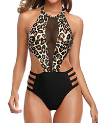Women's Sexy Round Neck Open Back Mesh Stitching One-Piece Swimsuit