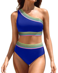 Women's One Shoulder Colorblock High Waist Bikini Set