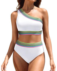 Women's One Shoulder Colorblock High Waist Bikini Set
