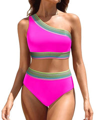 Women's One Shoulder Colorblock High Waist Bikini Set