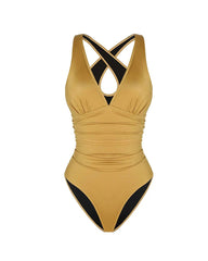 Beach Vacation Solid Color Deep V Sexy One-Piece Swimsuit