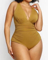 Beach Vacation Solid Color Deep V Sexy One-Piece Swimsuit