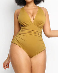 Beach Vacation Solid Color Deep V Sexy One-Piece Swimsuit