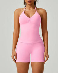 Solid Color Pleated Breathable Backless Top and High Waist Hip-Lifting Shorts Yoga Fitness Set