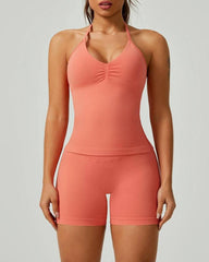 Solid Color Pleated Breathable Backless Top and High Waist Hip-Lifting Shorts Yoga Fitness Set