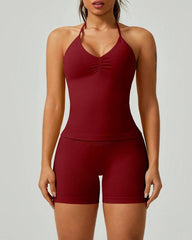 Solid Color Pleated Breathable Backless Top and High Waist Hip-Lifting Shorts Yoga Fitness Set