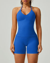 Solid Color Pleated Breathable Backless Top and High Waist Hip-Lifting Shorts Yoga Fitness Set