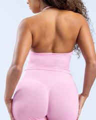 Solid Color Pleated Breathable Backless Top and High Waist Hip-Lifting Shorts Yoga Fitness Set