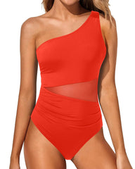 Women's Tummy-Control Mesh One-Shoulder One-Piece Swimsuit