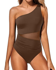 Women's Tummy-Control Mesh One-Shoulder One-Piece Swimsuit