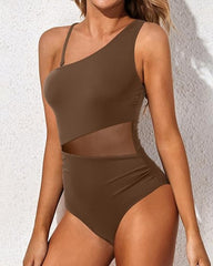 Women's Tummy-Control Mesh One-Shoulder One-Piece Swimsuit