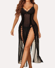 Sexy Suspenders See-Through Lace Mesh Long Slits With Panties Pajamas Set