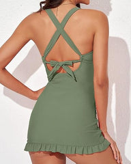 Women's V-Neck Sexy Belly-Control Backless Skirt One-Piece Swimsuit With Swimming Trunks Set