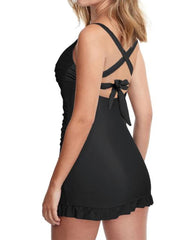 Women's V-Neck Sexy Belly-Control Backless Skirt One-Piece Swimsuit With Swimming Trunks Set