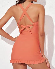 Women's V-Neck Sexy Belly-Control Backless Skirt One-Piece Swimsuit With Swimming Trunks Set