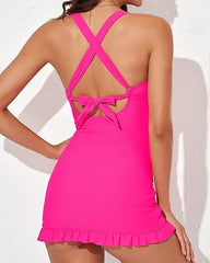 Women's V-Neck Sexy Belly-Control Backless Skirt One-Piece Swimsuit With Swimming Trunks Set