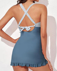 Women's V-Neck Sexy Belly-Control Backless Skirt One-Piece Swimsuit With Swimming Trunks Set