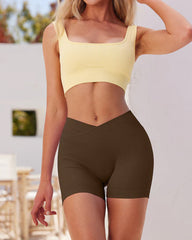 Ribbed High Waist Solid Skinny Yoga Sport Shorts