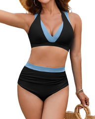 Beach Vacation Colorblock High Waist Tummy Control Bikini Set