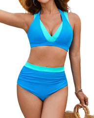 Beach Vacation Colorblock High Waist Tummy Control Bikini Set