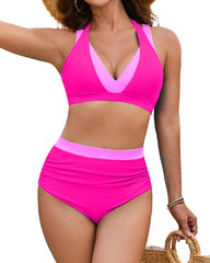 Beach Vacation Colorblock High Waist Tummy Control Bikini Set