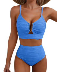 U-Shaped Underwire Hollow High Waist Textured Bikini Set