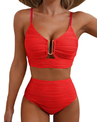 U-Shaped Underwire Hollow High Waist Textured Bikini Set