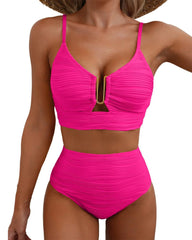 U-Shaped Underwire Hollow High Waist Textured Bikini Set