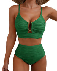 U-Shaped Underwire Hollow High Waist Textured Bikini Set
