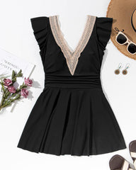 Women's Deep V Neck Lotus Sleeve Skirt Tummy Control One-Piece Swimsuit