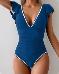Deep V Ruffle Short-Sleeve Tummy-Controlling Printed One-Piece Swimsuit